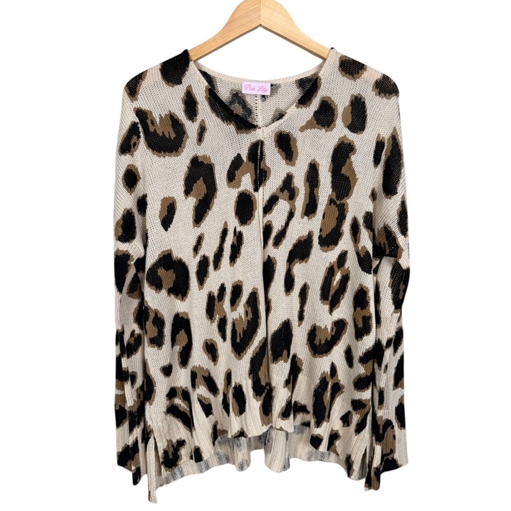 Pink Lily Leopard Print V Neck Knit Sweater Women Size S‎ Acrylic NWOT